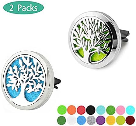 2 Pcs Tree of Life Car Air Freshener Aromatherapy Essential Oil Diffuser Stainless Steel Locket with Vent Clip 16 Felt Pads
