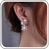 Sttiafay Boho Bow Pearl Ear Jackets Earrings Bow Pearl Dangle Earrings Silver Bow Ribbon Stud Earrings White Large Pearl Earrings Pearl Wedding Earrings Jewelry for Women