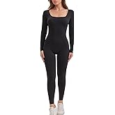 AEEZO Womens Fleece Lined Scoop Neck Long Sleeve Jumpsuit Thermal Sexy Tummy Control Ski Snow One Piece Bodycon Playsuit