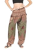 CandyHusky Elastic Waist Peacock Print Loose Baggy Hippie Boho Yoga Harem Pants (Peacock Mandala Olive)