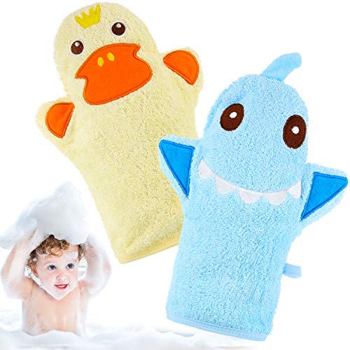 Shappy 2 Pieces Baby Bath Mitt Washcloths with Cute Animal Designs Yellow Duck Shark Cotton Towel Gentle Soft Scrub for Toddler Bath and Shower