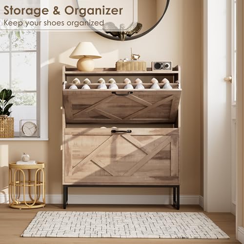 Nicetree Shoe Cabinet with 2 Flip Drawers, Narrow Shoe Storage Cabinet with Metal Legs, Farmhouse Slim Shoe Organizer Cabinet for Entryway, Hallway, Foyer, Toasted Oak