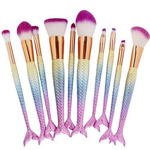 Coshine 10pcs/set Unique Mermaid Nylon Hair Makeup Brush Set Cosmetic Tools Kits (3D Rainbow)