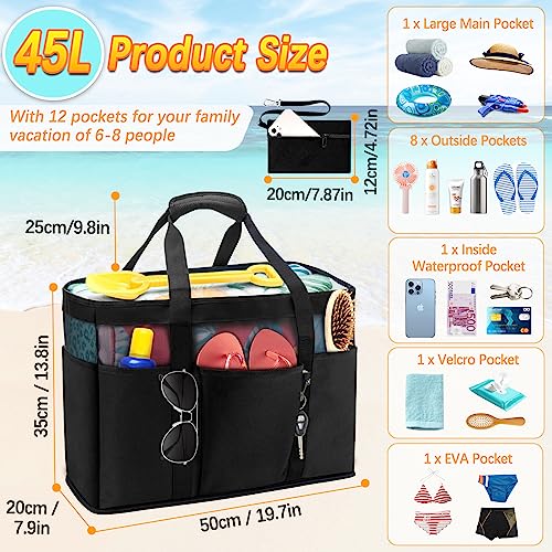 BTNEEU Large Beach Bag 45L Women's Family Beach Bag with Zip Closure 50 x 35 x 20 cm XXL Shopper Weekender Tote Bag for Shopping Travel Picnic