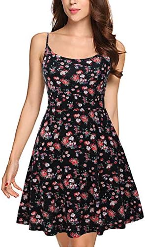 FANSIC Womens Sleeveless Floral Printed Swing Sundress Spaghetti Strap Dresses