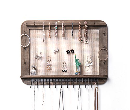 JackCubeDesign Wall Mounted Wood Jewelry Organizer Designer made Cosmetics Storage Shelf w/Necklace Shelf Earrings Holder Tray with 23 Hooks for Necklace Bracelet – :MK399A