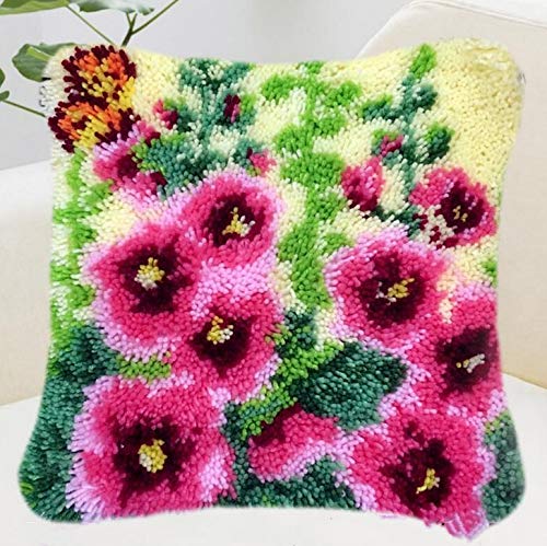 SHANGHh 3D Pillow Latch Hook Embroidery Kits DIY Pillow Materials Package Crocheting Rug Yarn Cushion Embroidery Set fit for Beginners Embroidery Kit Pillowcase Cushion (Flower A)