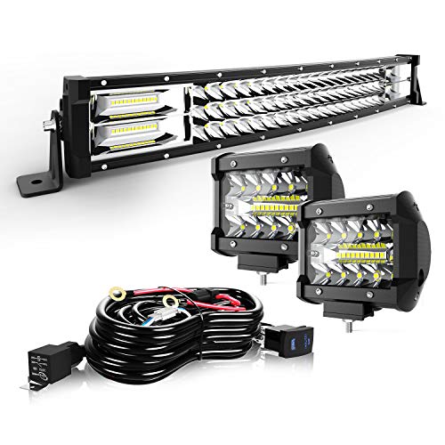TURBO SII 20/22″ LED Light Bar Curved Triple Row 306W Flood Spot Combo Beam Led Bar W/ 2Pcs 4in 60W Off Road Driving Fog Lights with Wiring Harness-3 Leads for Jeep Trucks Polaris ATV Boats Lighting
