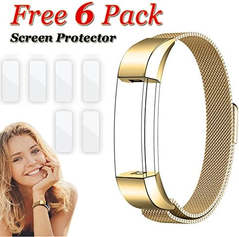 Bands &amp; Screen Protectors for Fitbit Alta - Adjustable Metal Wristband Belt Clip with 6-pack Screens Protective Covers for Fitbit Alta HR Heart Rate Watch Bracelet Men Women (Gold)