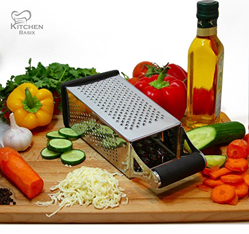 Cheese Grater & Shredder - Stainless Steel - 4 Sided Boxed Grater - Large Grating Surface with Razor Sharp Blades - Perfect to Slice, Grate, Shred & Zest Fruits, Vegetables, Cheeses, Chocolate & More!