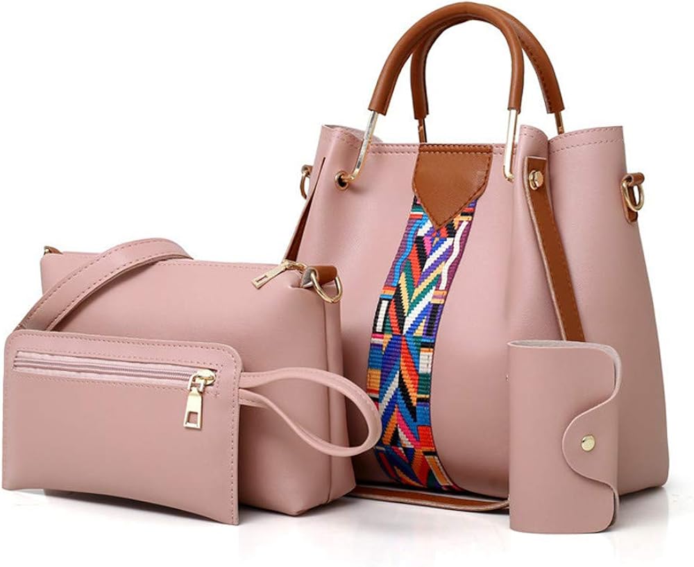 Women Handbag Set 4 in 1 Soft PU Leather Top Handle Bag, Tote Bag, Shoulder Bags Crossbody Bag Wallet Purse Set (Pink)
