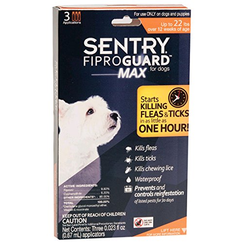 Sentry's FiproGuard MAX Flea, Tick and Lice Treatment for Dogs up to 22 lbs - Over 12 weeks old - 3 Dose/Month Supply