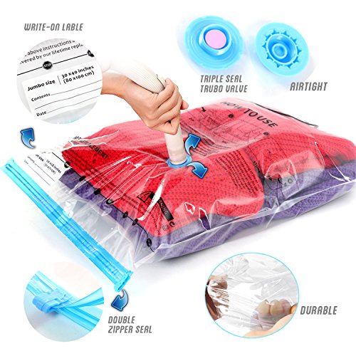 Anna Home Premium Vacuum Storage Bags 8 Pack (6 x Jumbo, 2 x Medium) Space Saver Storage Bags for Travel. Durable and Reusable, Travel Hand Pump Included