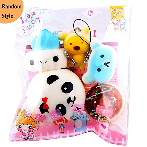 5pcs Squishy Toy Set,Kawaii Mochi Panda Bun Bear Bread Squeeze Ring Toys Scented Stress Reliever