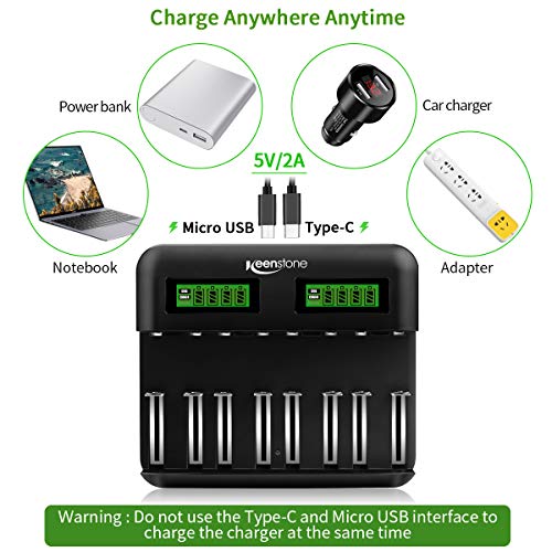 Keenstone Intelligentes Batterieladegerät, NI-MH NI-CD AA AAA C D, Universal-Schnellladung mit Typ C/Micro USB, LCD-Display, freistehender Steckplatz und Auto-Dection (8 unabhängige Ladekanäle)