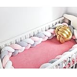 Infant Soft Pad Braided Crib Bumper Knot Pillow Cushion Cradle Decor for Baby Girl and Boy (White-Rose-Grey, 79
