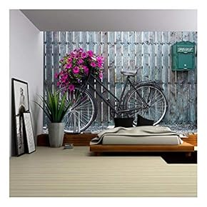 Old Vintage Bicycle with Flower Basket - Removable Wall Mural | Self-Adhesive Large Wallpaper - 66x96 inches