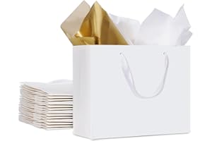 PLAUTHUS 12 Pack White Gift Bags Large Size with Tissue Paper, White Paper Bag with Ribbon Handles for Shopping, Small Business, Bridal Party, Wedding, Christmas and Holiday (12.5” x4.5” x9.8”)