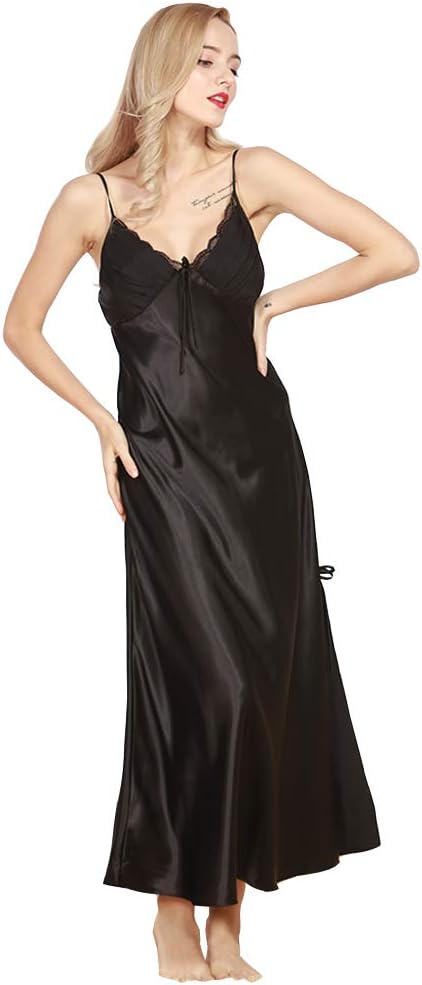 Women's Ladies Long Satin Nightdress Nightie Deep Lace Trimmed Plus Size Nightwear Sleepwear