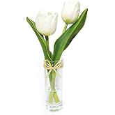EBUYOM Mini Artificial Flowers Tulips Bouquet in Glass Vase, Home Decor Ornament Wedding Decoration (White)
