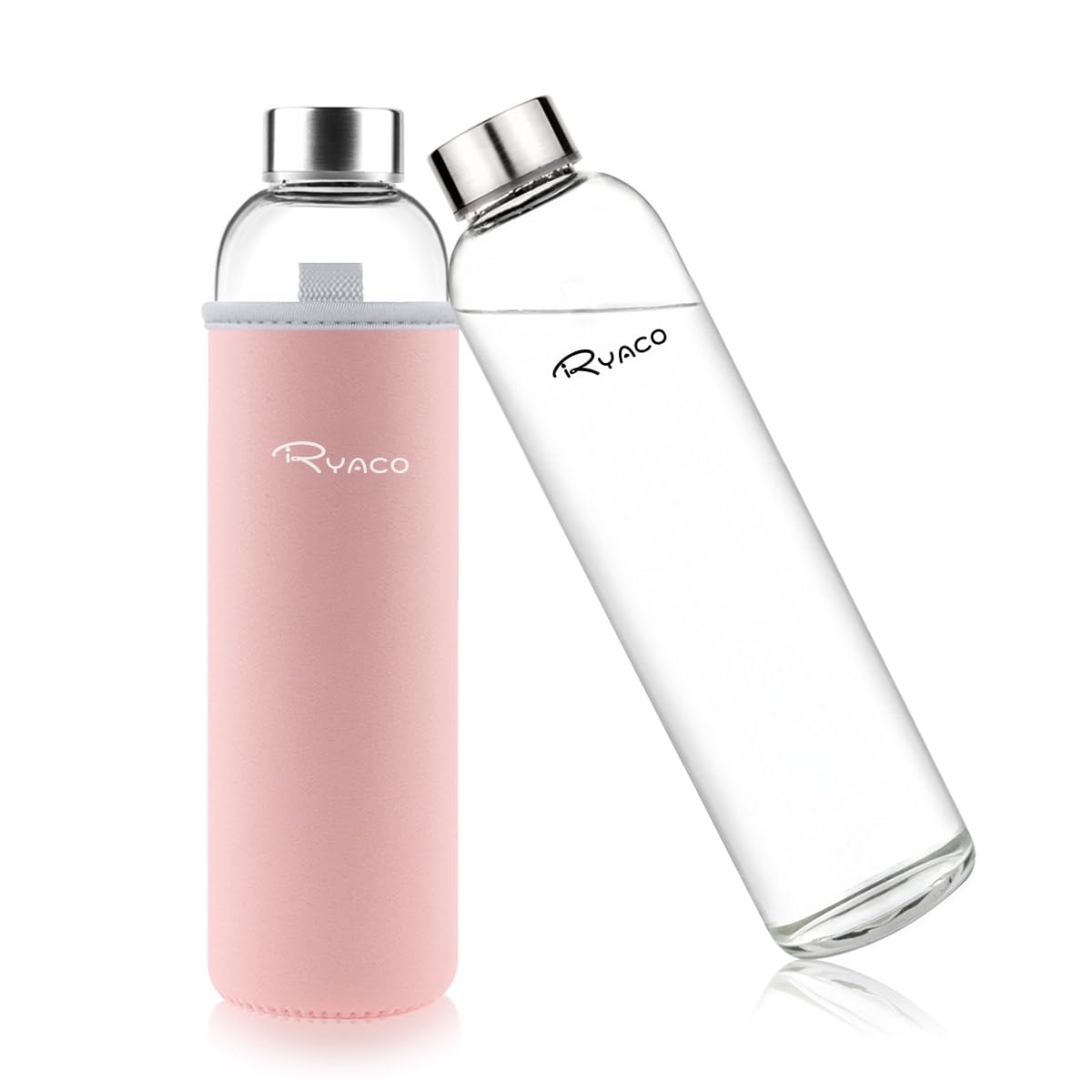 RYACO Glass Water Bottle 750ml/25oz,Borosilicate Glass Bottle with Neoprene Protective Case for Hot Cold Drinks,BPA-Free Leak Proof,Sport Water Bottles with Sponge Brush,Dishwasher Safe