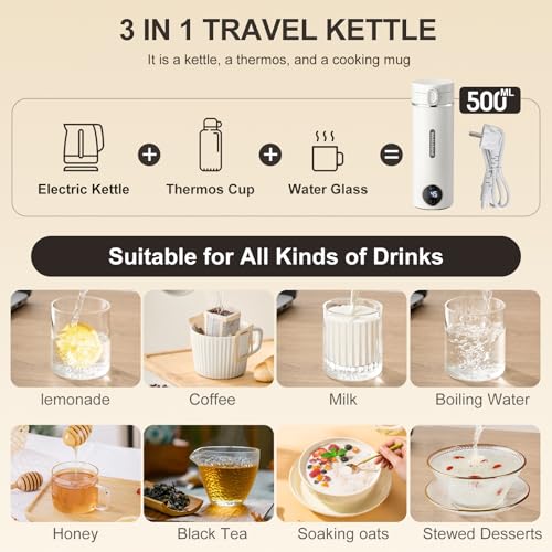 Wohlstand 500ml Mini Portable Travel Kettle, USB-C Electric Water Heater, 300W Fast Heating, 37‑100°C Temperature Control, 316 Stainless Steel, Keep Warm Function