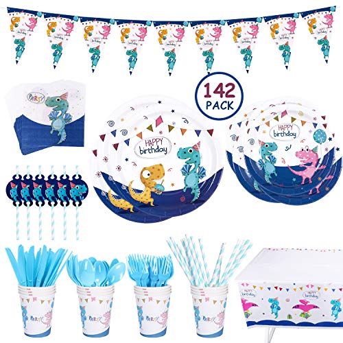 Airich Gebutstag Party Set, 142 Stück Dinosaurier Party Supplies Set Geschirr Set Teller, Tassen, Servietten, Tischdecke…