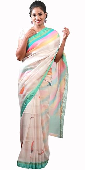 Womens Soft Linen Saree with Blouse Piece (White)