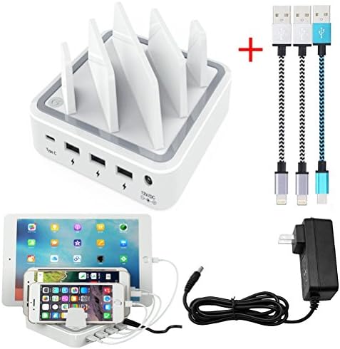 Charging Station with Type-C, OPAI 4-Port USB Cell Phone Docking Station Compatible with Laptops, Tablets, iPhone, iPad, Samsung, Smartphone and Android Devices [Includes 3 Pack charging Cable](White)