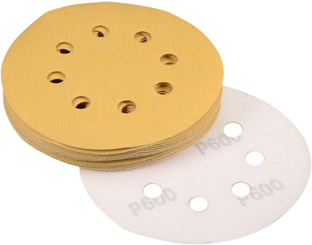 sourcing map 5" 8 Hole Hook and Loop Sanding Discs 600 Grit Aluminum Oxide Sandpaper for Random Orbit Sander Wood Metal Wet and Dry Polishing Gold 15pcs