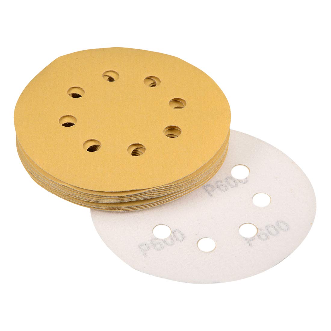 sourcing map 5" 8 Hole Hook and Loop Sanding Discs 600 Grit Aluminum Oxide Sandpaper for Random Orbit Sander Wood Metal Wet and Dry Polishing Gold 15pcs