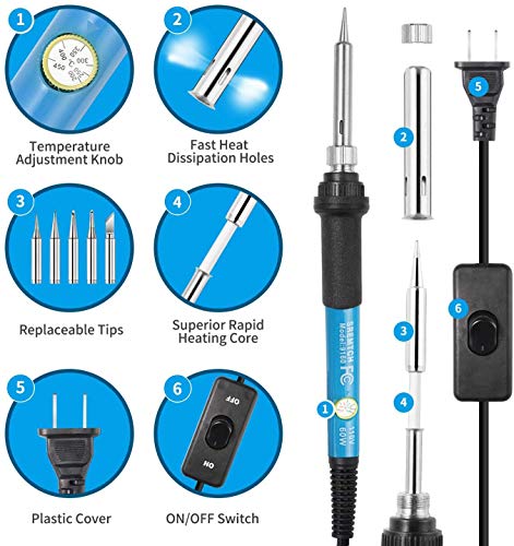 Soldering Iron Kit, [Upgraded] 60W Adjustable Temperature Welding Tool with ON-Off Switch, Rarlight 9-in-1 Soldering Kits, 5pcs Soldering Iron Tips, Solder Wire, Y Type Soldering Iron Stand (Blue)