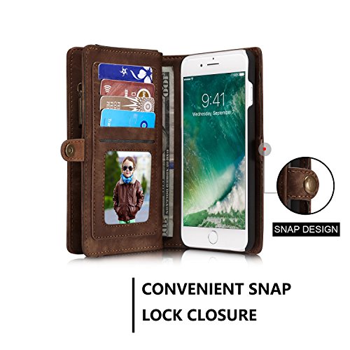 TOPWOOZU iPhone 7Plus Wallet Case, Zipper Wallet Leather Detachable Magnetic Removable Case Purse Clutch Back Flip Credit Card Holder Cover Case for iPhone 7Plus/7Pro 5.5inch
