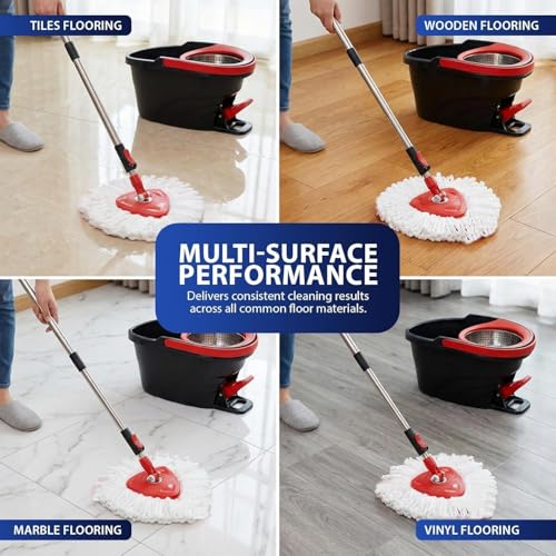 Easy Wring Spin Mop & Bucket Set with Foot Pedal – 360° Rotating Microfiber Floor Mop System with Stainless Steel Wringer, Adjustable Handle & 2 Reusable Mop Heads for Tile, Marble & Wood Floors