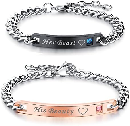 His and Hers Titanium Stainless Steel Chain Matching Set Bracelet for Couple Anniversary Gift (His Beauty Her Beast)