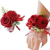OUKEYI 2PCS Rose Flower Wrist Corsage Boutonniere Set,Boutonniere for Men Wedding White Rose Corsage Wristlet for Women Bride Bridesmaid Wrist Corsagefor Wedding Party Prom Decorations (red)