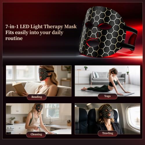 Red Light Mask for Face, 7-Colors Red Light Therapy Face Mask, Lightweight Portable for Home & Travel, Rechargeable