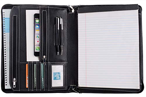 Black Leather Portfolio with Notepad Space for 10.5-inch / 11-inch iPad, Padfolio Case Business Zippered Organizer Document Folder with Letter Size Notepad Holder