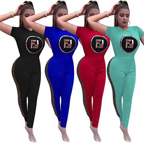 Women Two Piece Outfits - Short Sleeve Summer Sweatsuit Jogging Suit Pants Set Activewear Red L