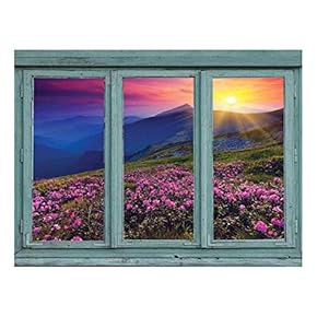 A Colorful Sunset Over Blue Mountains and Rocky Soil with Pink Flowers in Bloom - Wall Mural, Removable Sticker, Home Decor - 24x32 inches