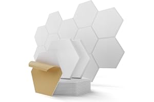 KUCHOOW Hexagon Acoustic Wall Panels Self-Adhesive, 12 Pack Sound Absorbing Tiles for Walls & Doors, Decorative Peel & Stick Interior Panel for Studio, Home Office, Gaming Room, 12"x10"x0.4", White