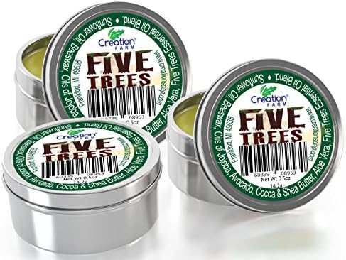 Five Trees โ Lip Balm with Cinnamon, Frankincense, Clove, Lemon, Eucalyptus and Rosemary โ Essential Oils 1.5 oz (3 half oz Tins Pack ) for Moisturizing Lips, for Colds, Cold Sores, Cleansing