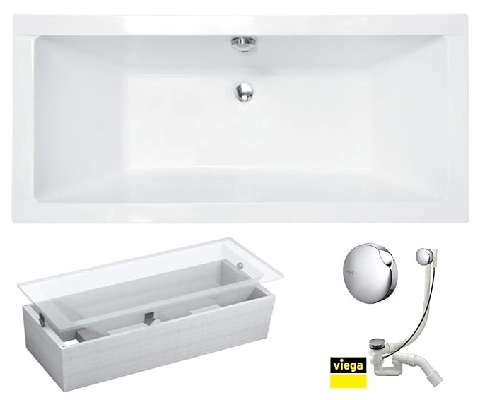 VBChome Badewanne 170x75 cm Acryl SET Wannenträger Siphon Wanne Rechteck Weiß Design Modern Styroporträger Ablaufgarnitur in 