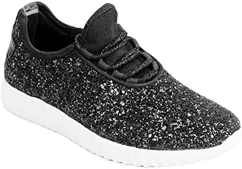 Kids Girls Black Fashion Metallic Sequins Glitter Lace up Light Weight Stylish Sneaker Shoes-4