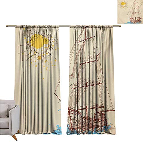 Anzhutwelve Nautical,Valance Curtains Nautical Pattern of Sailing Boat in Windy Sea with Splashed Sun Cruising Galleon W72 x L84 Rod Curtain - Thumbnail 7
