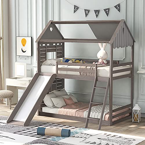 LZ LEISURE ZONE Twin Over Twin Bunk Bed, Wood Twin House Bed Loft Bed