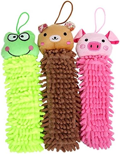 Gulilasa Chenille Fiber Hand Towel 3 in 1 Set Cute Cartoon (Bear tan-Frog Green-Pig Pink)