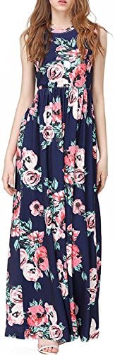 Women's Sleeveless Maxi Dress Vintage Floral Print Casual Long Tunic Dresses GABREBI (dark blue S)