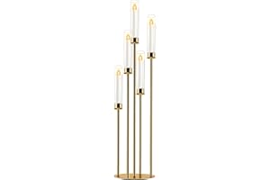 SIMPREFINE Candelabra Gold Centerpiece 5 Arms Taper Candle Holder Gold Centerpiece with Acrylic Tubes for Table Decoration Wedding Event Party Aisle Stage Home Decor (1, L)
