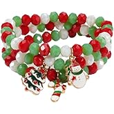 Pingyongchang Christmas Beads Bracelets Set for Women Xmas Red Green Acrylic Stretch Charm Stackable Bracelet Christmas Tree Snowman Snowflake Santa Claus Jingle Bell Party Accessories Gift